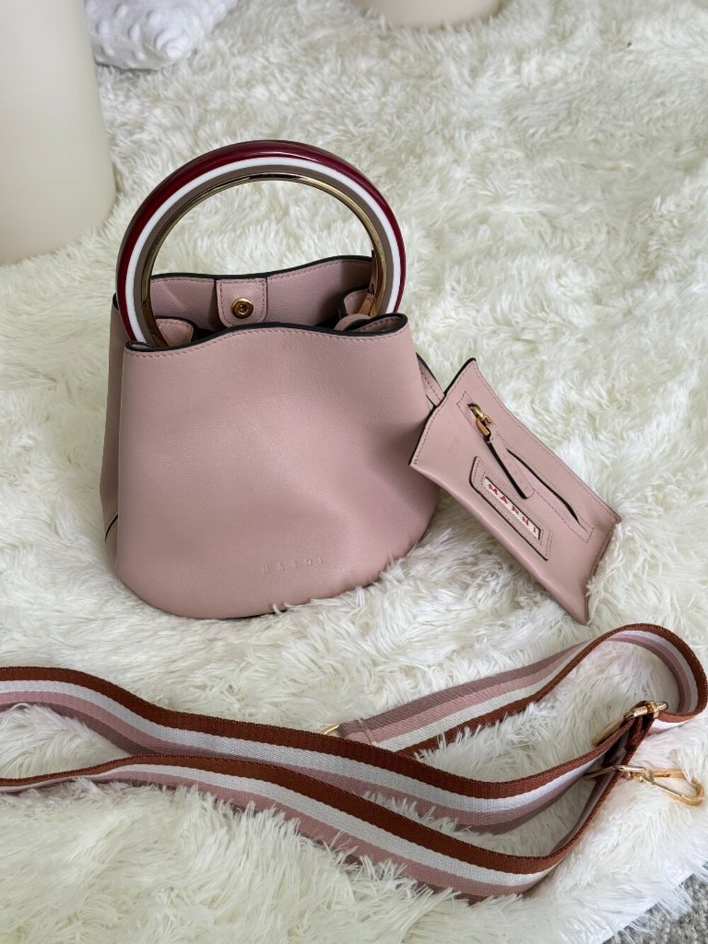 Marni Mini Bucket Bag Pink | Gold Ring Handle | Excellent + Bonus Strap - Picture 11 of 13